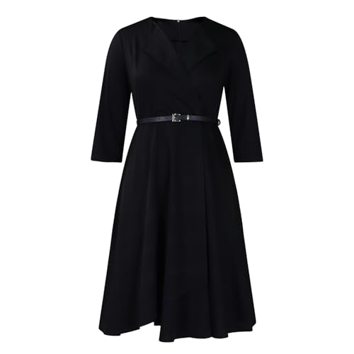 Image of Elainone Women 3 /4 Sleeve Casual Swing Flared A Line Dress Wedding Guest Semi Formal Office Work Dresses with Belt