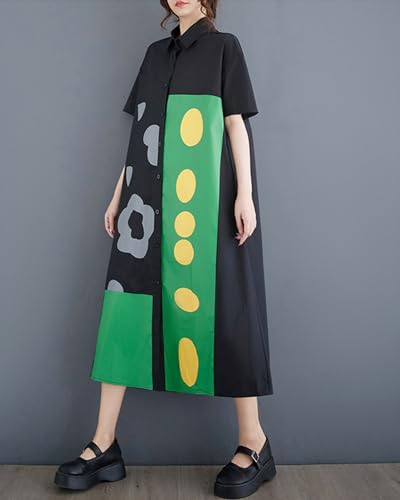 ellazhu Women's Dress Loose Color Block Short Sleeve Button Down Mock Neck Shirt Dots Flower GZ2112