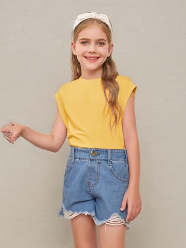Image of Haloumoning Girls Cap Sleeve Tops Summer Crewneck Tank Tops Cute T-Shirt Blouse 5-14 Years