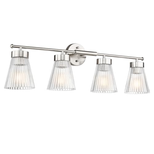 Image of 4-Light Bathroom Vanity Light Fixtures, HWH Brushed Nickel Bathroom Vanity Lighting Modern Vanity Light Over Mirror with Clear Striped Glass Shade, 5HZG97B-4W BN