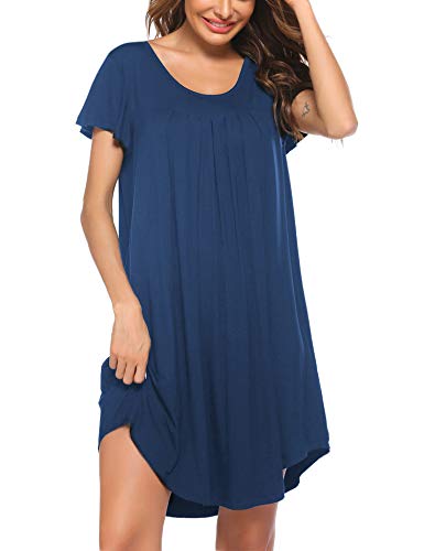 Ekouaer Sleepwear Short Nightgown Plus Size Pleated Sleepshirt Casual Loose Night Shirt for Women Comfy Nightdress New Blue 3XL