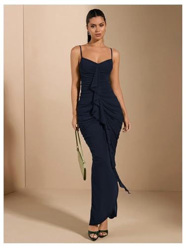 Image of Floerns Women's Ruffle Ruched Cami Dress Draped Split Elegant Bodycon Maxi Dresses