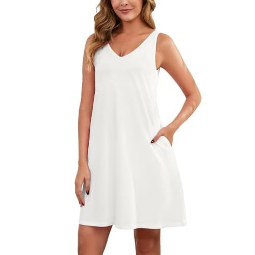 Marvmys Women's Cotton Nightgown Tank V Neck Sleep Shirts Sleeveless Sleep Dress with Pockets White X-Large