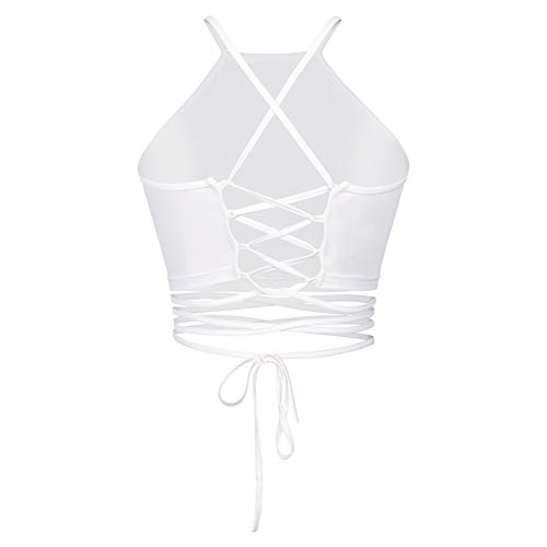 JOXJOZ Women's Summer Rainbow Printed Halter Neck Criss-Cross Boho Bandage Tank Camis Crop Top Vest (White) - Image 5
