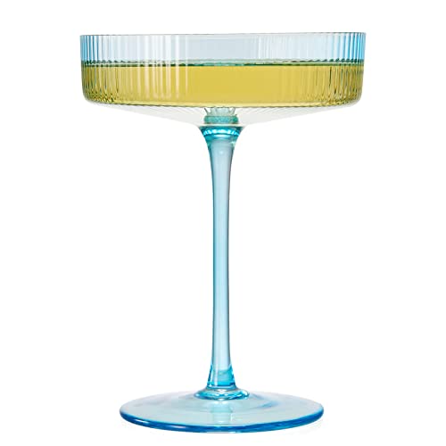 Ribbed Coupe Cocktail Glasses 8 Oz | Set Of 2 | Classic Manhattan Glasses For Cocktails, Champagne Coupe, Ripple Coupe Glasses, Art Deco Gatsby Vintage, Crystal With Stems (Blue, Set Of 2) #TOP7