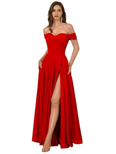 Women's Satin Bridesmaid Dresses with Slit Red Off The Shoulder Prom Dresses Long A Line Pleated...
