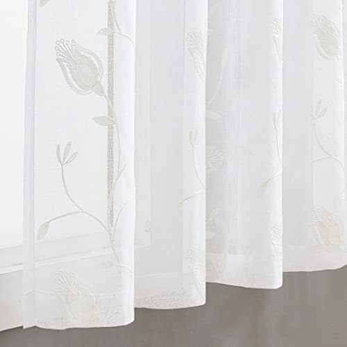 Image of White Sheer Curtains Embroidery 72 Inch Length Rod Pocket Voile Drapes for Living room, Bedroom, Outdoor, Nursery Curtain Semi Flower Curtain Panels for Baby, Womaen, Garden, Lawn, Set of 2, 52 inchx 72 inch.