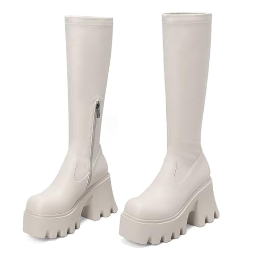 Image of WUDPUNDR Knee High Platform Boots for Women Chunky Heel Round Toe High Heeled Knee Tall Boots Not for Wide Calf