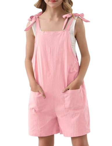 Image of Girls Romper Sleeveless Adjustable Tie-Up Strap Short Jumpsuits Summer Clothes with Pocket 5-12 years