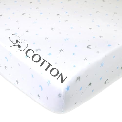 Image of American Baby Company Cotton Fitted Crib Sheet 52x28 inch, Blue Stars and Moons | 100% Natural Cotton Crib and Toddler Bed Sheets, Soft, Breathable & Hypoallergenic, Gentle on Skin, Neutral for Boys & Girls