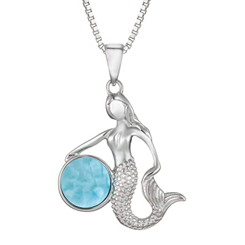 925 Sterling Silver Natural Larimar Mermaid Necklace Pendant with 18" Box Chain, Nickle Free Hypoallergenic for Sensitive Skin, Hawaii Jewelry for Women, Gift Box Included (Mermaid with Ball)