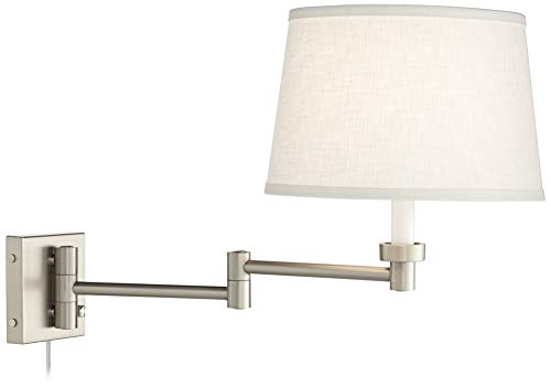Image of Possini Euro Design Modern Swing Arm Wall Mounted Lamps Set of 2 Brushed Nickel Plug-in Light Fixture Dimmable White Linen Drum Shade for Bedroom Bedside House Reading Living Room Home Dining