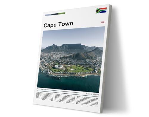 Poster Cape Town South Africa Original Design(24"x16" Golden Frame) Wall Art Table Mountain Aerial Scenery Photography Atlantic Ocean Coastline Print Modern Travel Destination Gallery Painting