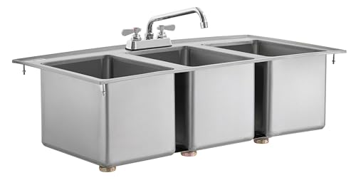Kratos Commercial Restaurant Sink, 10"x14"x10" 16-Gauge Stainless Steel Three-Compartment Drop-In Sink with 10" Swing Spout Faucet (29N-221)