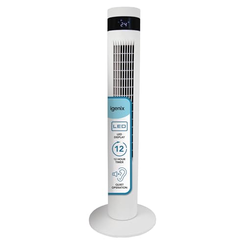 Igenix IGFD6035W Oscillating Digital Tower Fan 35 Inch Remote Control 12 Hour Timer 3 wind speed settings Touch button control Floor Standing for Home & Office White