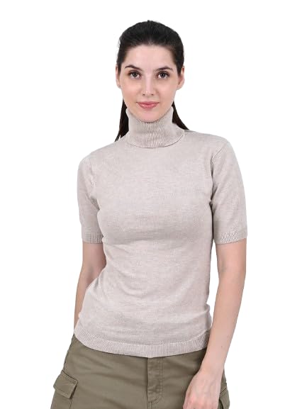 nobarr Women's Viscose High Neck with Short Sleeve Beige Top-picture-19