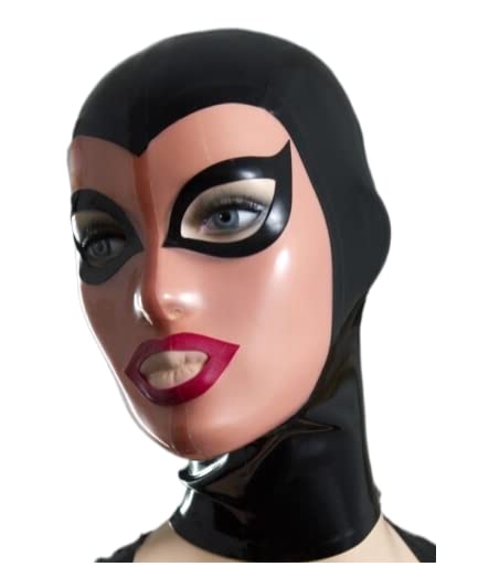 Maschera in gomma fetish con cappuccio in lattice nero e pelle Personalizza la dimensione Maschera sexy fatta a mano Occhi aperti e bocca con cerniera posteriore