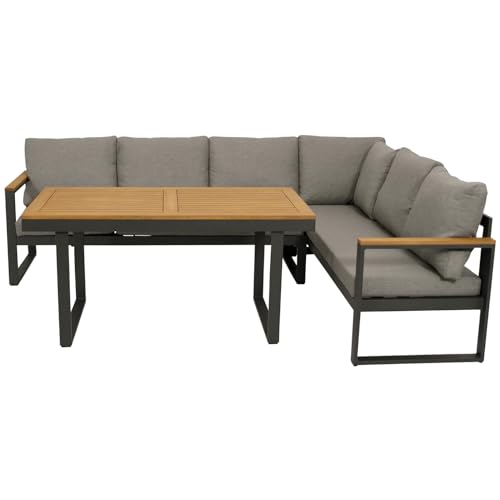 DEGAMO Funktions Eckbankset Diningset Kampala 2-teilig, Aluminium anthrazit + Akazie, Polster Mittelgrau, mit Liegefunktion, Outdoor