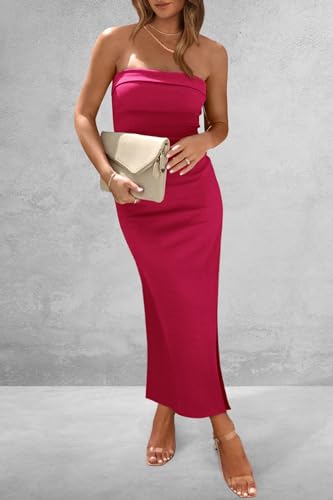 Image of PRETTYGARDEN Women's Summer Strapless Cocktail Maxi Dresses | Soft Ribbed Fabric,Tube Top Dress,Slim Fitted Bodycon,Side Slit,Elegant Long,Wedding Guest,Birthday Party,Date Night Outfits