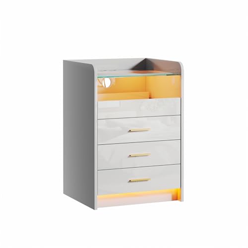 ISAKEN Bedside Table with 3 Drawers Wood Bedside Cabinet with Charging Station 2AC/2USB Side Table with Light Glass Desktop 45x40x65cm Corner Drawer Cabinet for Sofa Side Bedroom Living Room, White
