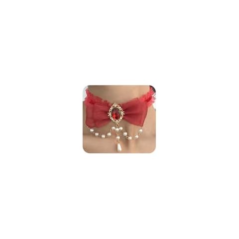 Xerling Red Bow Tie Necklaces for Women Lace Choker Necklace Beaded Pearl Pendant Necklace for Halloween Ruby Gem Bow-knot Chain Necklace (Red) Cover
