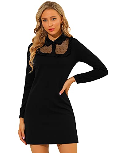 Allegra K Women s Mesh Sheer Panel Peter Pan Collar Dots Elegant A-line Mini Dress Small Black