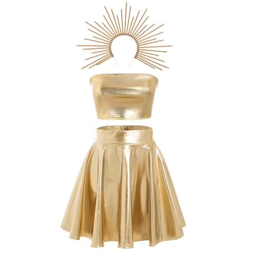 IBAKOM Rave Outfit Damen Festival Outfit Lackleder Kleid 5tlg Metallic Minikleid Crop Top + Rock + Haarband Clubwear Mondgöttin Kleid Glänzend Für...