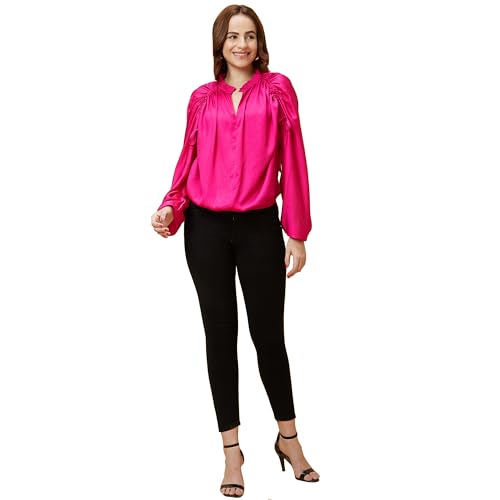 Image of Globus Women Pink V Neck Long Raglan Sleeves Gathered Solid Design Loose Party Top-3640069004