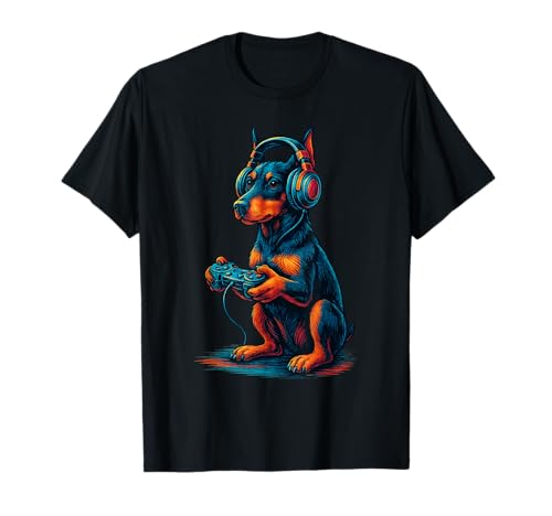Doberman Pinscher Retro Gamer Vintage Gaming Dog Lover T-Shirt