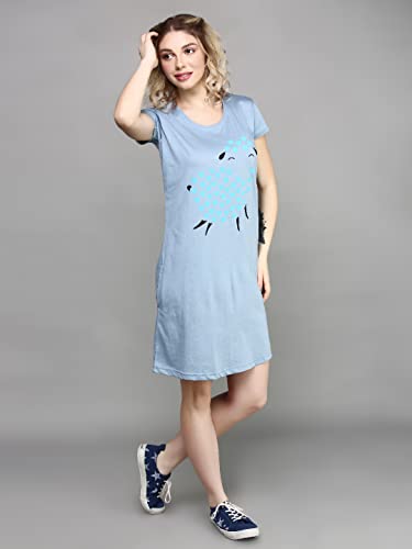 Image of Meerkat Women Short Sleeve Knee Length Cotton Knits Printed Short Nighty /Long Shirt /Midi
