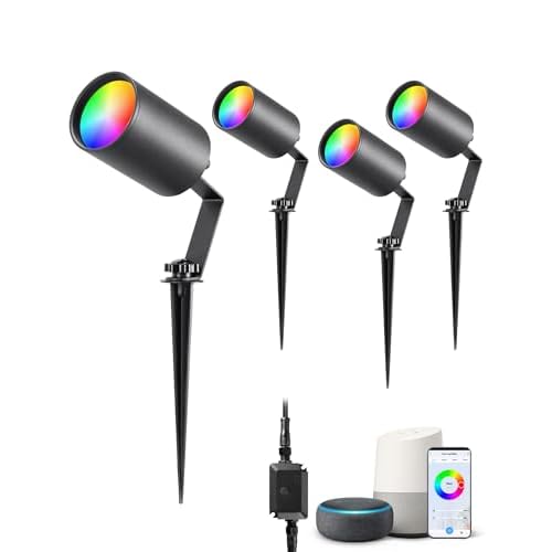 EDISHINE 50FT Christmas Smart Low Voltage Landscape Spotlights, 300LM RGBW Color Changing Landscpae Lighting, APP Control Alexa & Google Home, IP67 Waterproof Outdoor Spot Lights for Yard Ga