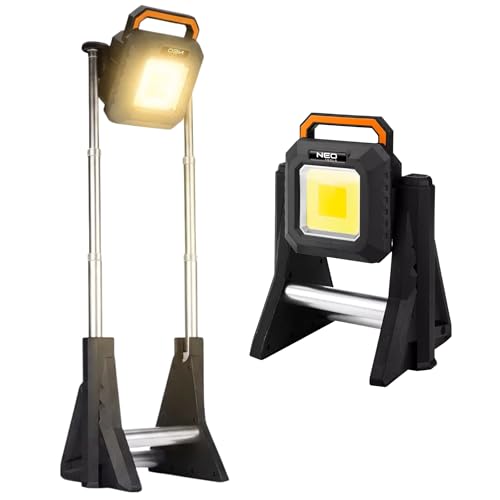 NEO TOOLS Faretto da costruzione a batteria, telescopio, 3000 lumen, COB LED, con power bank, scelta della temperatura del colore e treppiede, lampada da lavoro per officina, cantiere e esterni