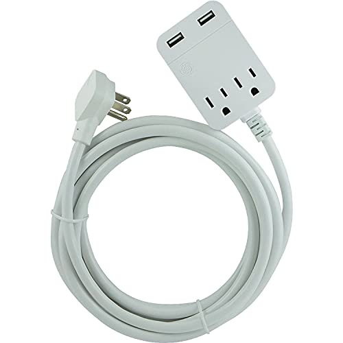 GE Outlet Extension Cord, 2 Outlet Surge Protector, 12Ft Extension Cord, Surge Protector With USB Ports, 3-Prong Flat Plug Power Strip, 360J Surge Protector, 240V Charging Station, White, 32089