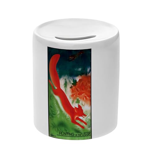 Tirelire Céramique Blanche - Hunting Fox URSS Chasse Renard Vintage Russie - Boîte à Monnaie avec Bouchon Décoration Chambre Imprimé en France