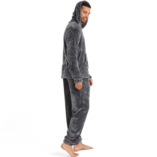 Mens Soft Fleece Hooded Pyjama Loungewear Set - Charcoal - L4