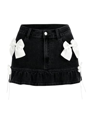 OYOANGLE Women's Bowknot Mini Denim Skirt Y2K Mid Waist Ruffle Hem Jean Skirts with Pocket