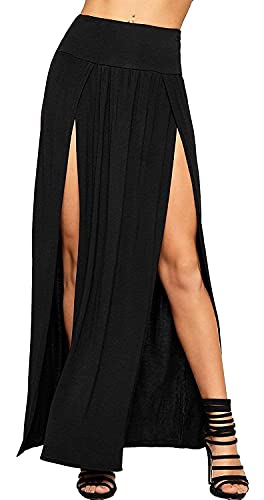 Crazy Girls Damen Maxirock aus Jersey, lang, doppelt geteilt, hohe Taille, einfarbig, Stretch, zwei Seiten, Schwarz , 34-36 Crazy Girls Damen Maxirock aus Jersey, lang, doppelt geteilt, hohe Taille, einfarbig, Stretch, zwei Seiten, Schwarz , 34-36