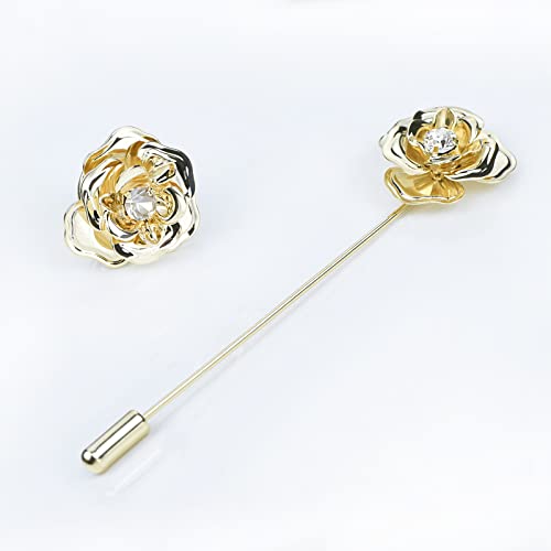 Image of Crystal Alloy Rose Flower Lapel Pins Button Pin Groom Boutonniere for Wedding Floral Brooch Pin Set for Women Men