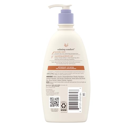 Image of Aveeno Baby Calming Comfort Moisturizing Body Lotion with Relaxing Lavender & Vanilla Scents, Non-Greasy, Nourishing Prebiotic Oatmeal, No Added Parabens, 12 fl. oz