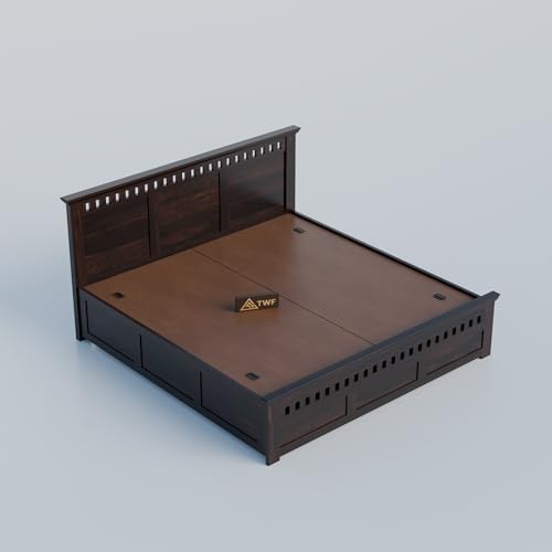 Image of Solid Sheesham Wood King Size Bed with Storage Box | Wooden Double Bed for Bedroom | Kuber Design Double Bed Cot Palang for Home | Rosewood, Walnut Finish
