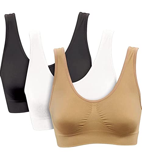 Image of Genie Bra Premium Women's Seamless 3-Pack Unpadded Multi Colours Super Comfort, Sports Bra, Sleep, Plus Size Sleep Bras Black/White/Nude