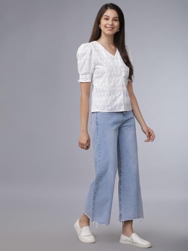 Image of Tokyo Talkies Women's Short Sleeves V-Neck Embroidered Tops| Stylish Casual wear