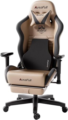 AutoFull C3 Gaming Stuhl, Ergonomisch Gaming-Stuhl mit Lordosenstütze, Höhenverstellbar & Neigungsfunktion, Gaming Stühle mit Fußstütze, 150 kg Belastbarkeit, Rennsitzdesign PU Leder (Braun)