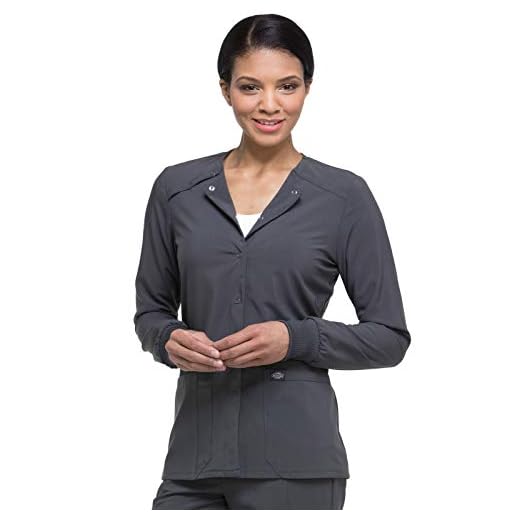 Dickies EDS Essentials Women Warm Up Scrubs Jacket Snap Front DK305, L, Pewter