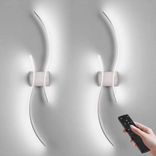 Battery Operated Wall Sconces Set of Two with Remote Control, Battery Wall Light, Stepless Colors 3000K-6000K & Dimming, Nickel Rechargeable Wall Sconces for Living Room, Hallway, Bedroom, 39.3 Inch