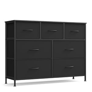 SONGMICS Dresser for Bedroom, Chest of Drawers, Steel, MDF, 7 Non-Woven Fabric Drawers, Storage Organizer Unit, Closet, Entryway, Ink Black and Ebony Black ULGS323BH03