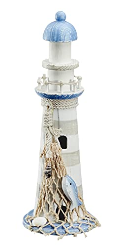 Leuchtturm Holz blau weiß Deko mit Muscheln & Netz Dekoration Strand Meer Maritim (Höhe 30 cm, blau-weiß) Leuchtturm Holz blau weiß Deko mit Muscheln & Netz Dekoration Strand Meer Maritim (Höhe 30 cm, blau-weiß)