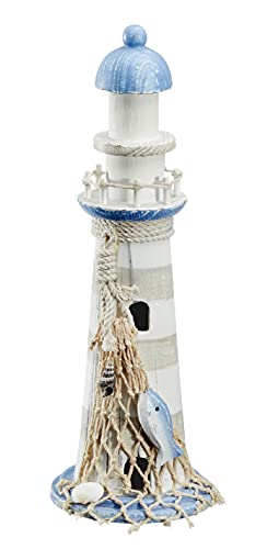 Leuchtturm Holz blau weiß Deko mit Muscheln & Netz Dekoration Strand Meer Maritim (Höhe 30 cm, blau-weiß)