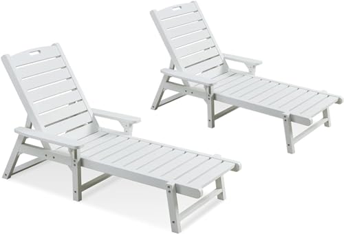 Psilvam Chaise Lounges Set of 2, Lounge Chairs with Adjustable Backrest, Supports Up to 350 lbs, All Weather Recliner Poly Lumber Lounges Bed for Poolside, Porch, Patio