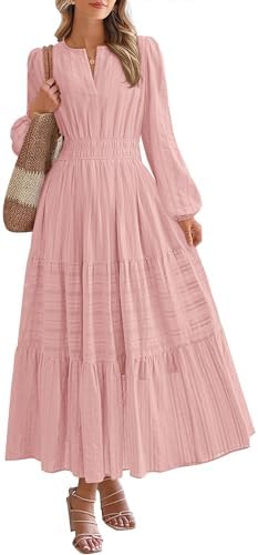 BTFBM Fall Dresses for Women 2025 Casual Long Sleeve V Neck Elastic Waist Lightweight Maxi Wedding Guest Dress Pockets